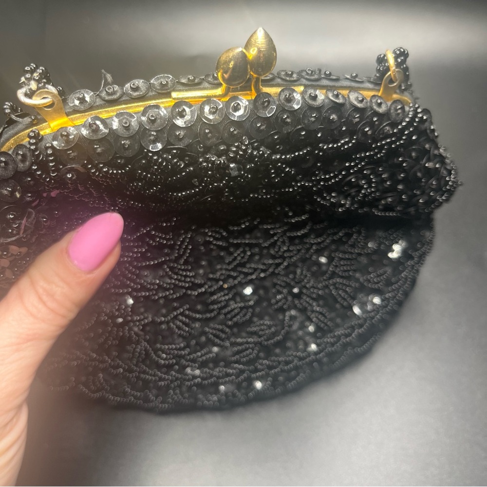 vintage black beaded evening bag kiss lock purse - Picture 4 of 5